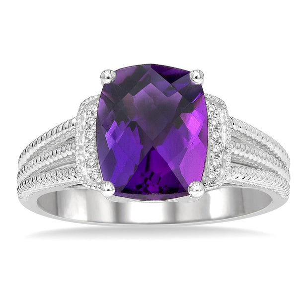 Sterling Silver Amethyst Ring with Diamond Accents