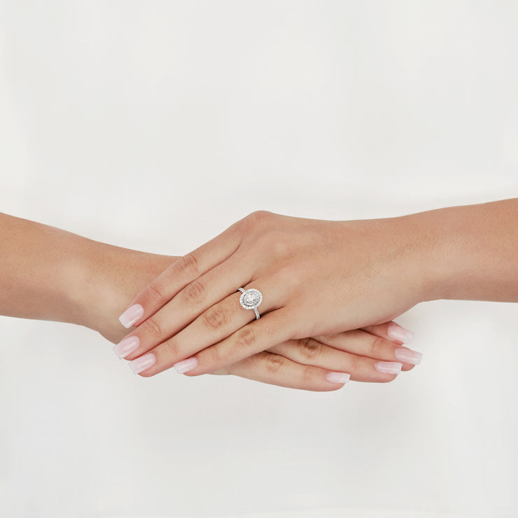 14K White Gold Oval Lab Grown Diamond Engagement Ring with Double Halo & Accent Diamonds