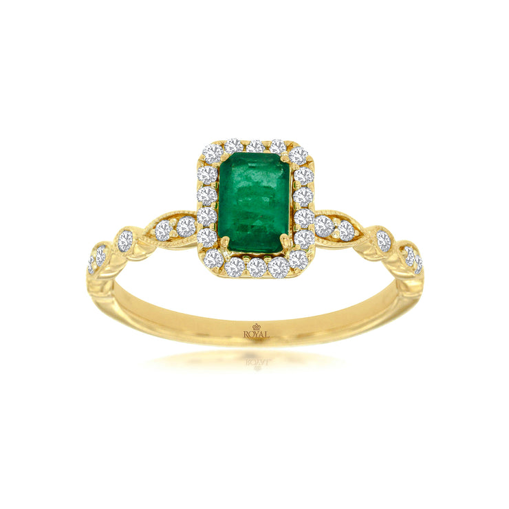 14K Yellow Gold 0.55ct Emerald Gemstone Ring with 0.26ct Diamond Halo & Accent Band. Bichsel Jewelry in Sedalia, MO. Shop rings online or in-store! Free ring sizing.