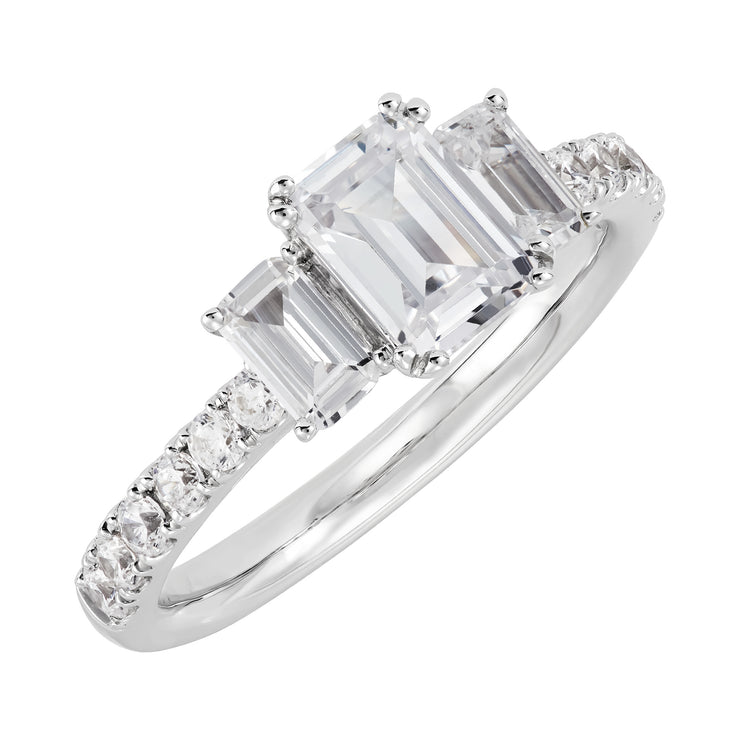 14K White Gold Emerald Cut Three-Stone Lab Grown Diamond Engagement Ring