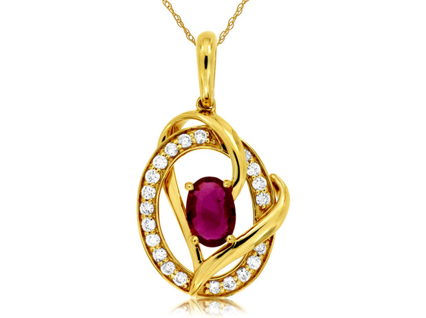 14K Yellow Gold 0.56ct Oval Ruby & Diamond Halo Vine Twist Circle Necklace. Bichsel Jewelry in Sedalia, MO. Shop gemstone styles online or in-store today! 