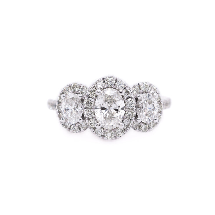 14K White Gold Three-Stone Oval Diamond Engagement Ring with Diamond Haloes and Side Diamonds