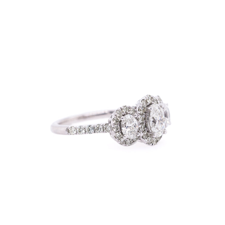 14K White Gold Three-Stone Oval Diamond Engagement Ring with Diamond Haloes and Side Diamonds