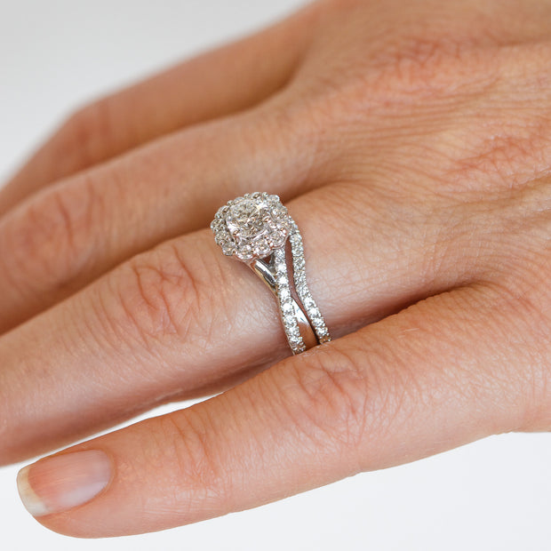 14K White Gold Round Diamond Engagement Ring with Scalloped Halo and Twist Sides, with Matching Contour Diamond Band. Free Preferred Jewelers Warranty. Bichsel Jewelry in Sedalia, MO. 
