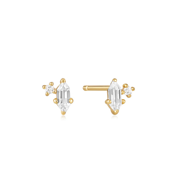 Ania Haie Gold Sparkle Emblem Stud Earrings. 14K Yellow Gold plated on 925 Sterling Silver with CZ Stones. Shop online or in-store today!
