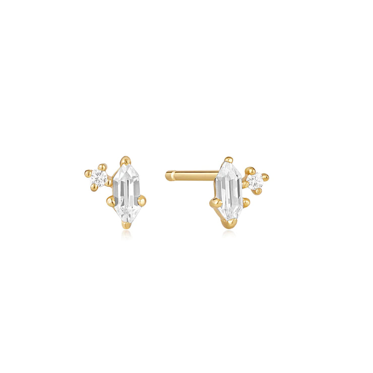 Ania Haie Gold Sparkle Emblem Stud Earrings. 14K Yellow Gold plated on 925 Sterling Silver with CZ Stones. Shop online or in-store today!