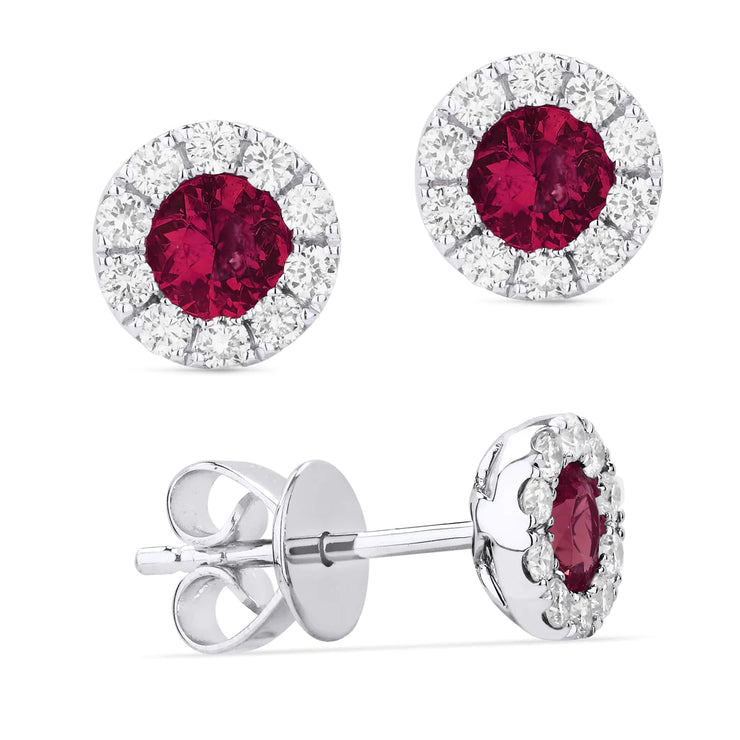 14K White Gold Round Ruby Stud Earrings with Diamond Halos. Bichsel Jewelry in Sedalia, MO. Shop gemstone earrings online or in-store today!