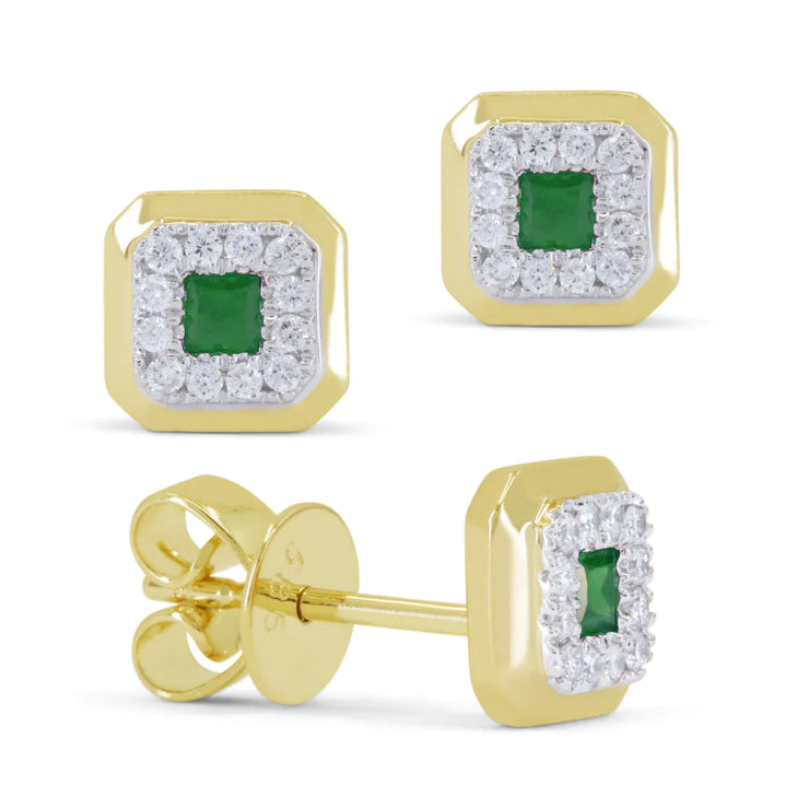 14K Yellow Gold Princess Cut Emerald & Round Diamond Halo Square Stud Earrings. Bichsel Jewelry in Sedalia, MO. Shop gemstone styles online or in-store today!
