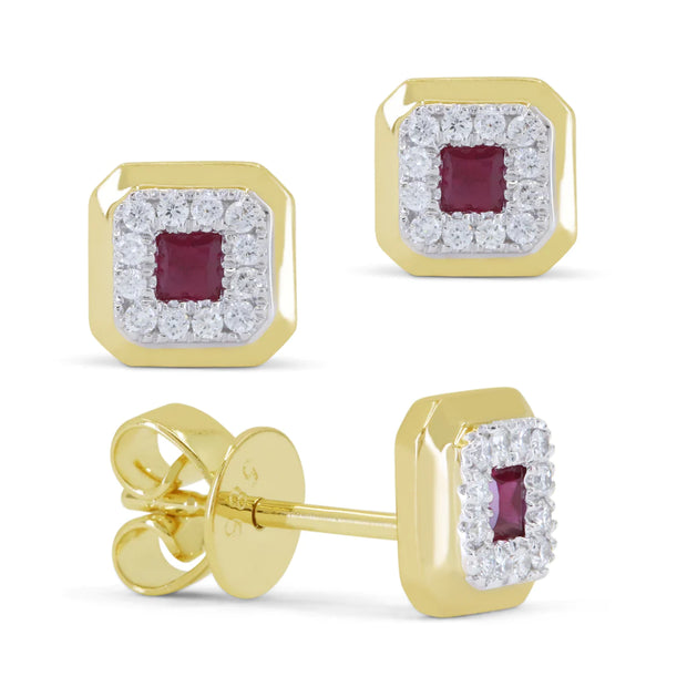 14K Yellow Gold Princess Cut Ruby & Round Diamond Halo Square Stud Earrings. Bichsel Jewelry in Sedalia, MO. Shop gemstone styles online or in-store today!