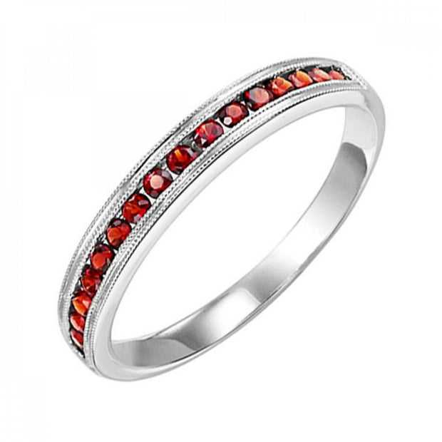 10K White Gold 0.30ct Round Garnet Stackable Band with Milgrain Edge. Bichsel Jewelry in Sedalia, MO. Shop birthstone rings, mother's rings, and gemstone styles.