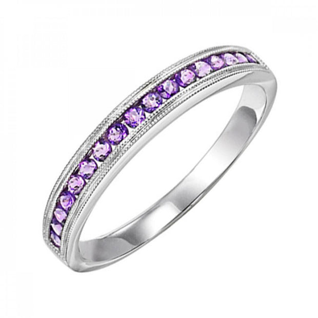 10K White Gold 0.30ct Round Amethyst Stackable Band with Milgrain Edge. Bichsel Jewelry in Sedalia, MO. Shop birthstone rings, mother's rings, and gemstone styles.