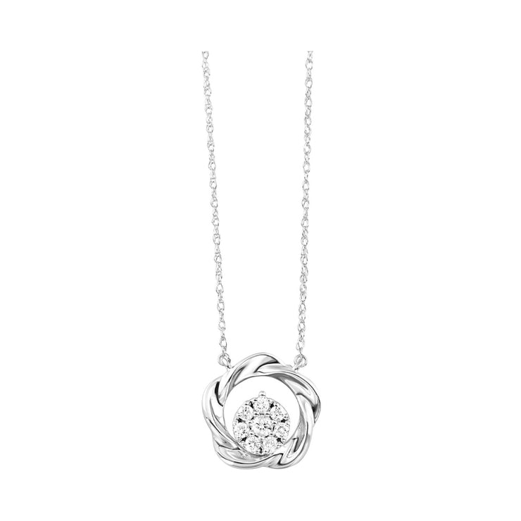 Sterling Silver Floral Twist Cluster-Style Round Diamond Necklace. Bichsel Jewelry in Sedalia, MO. Shop diamond styles online or in-store today! 