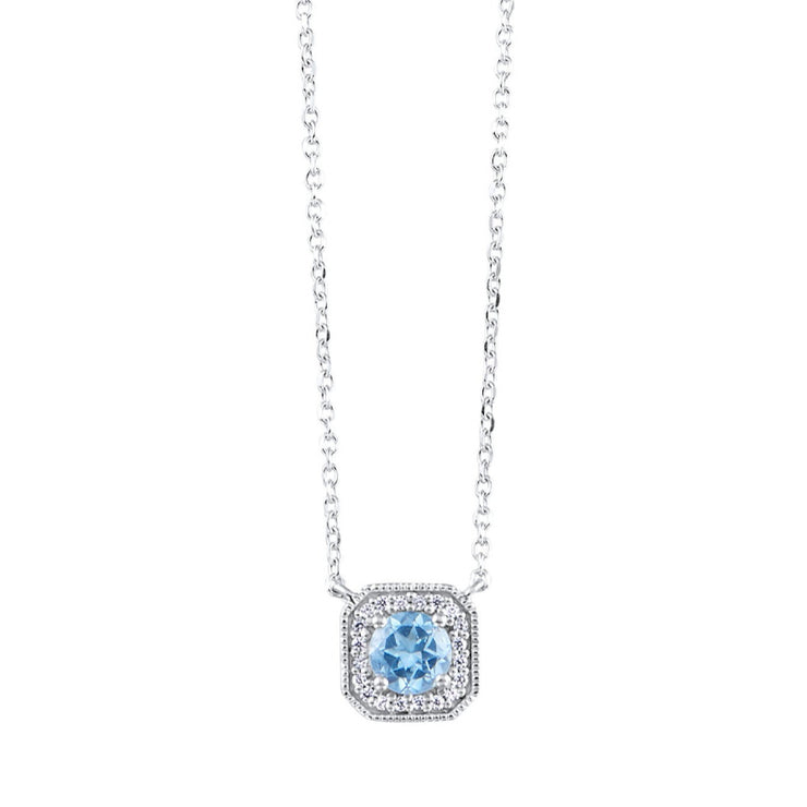 10K White Gold 0.60ct Round Blue Topaz Necklace with Art Deco-Inspired Square Diamond Halo. Bichsel Jewelry in Sedalia, MO. Shop online or in-store today!