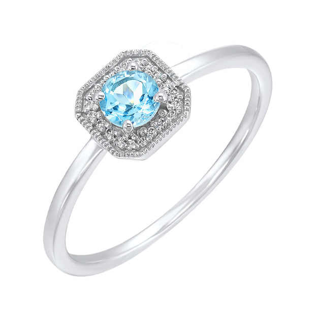 10K White Gold Round  0.50ct Blue Topaz Ring with Art Deco-Inspired Square Diamond Halo. Free ring sizing. Bichsel Jewelry in Sedalia, MO. Shop online or in-store today!