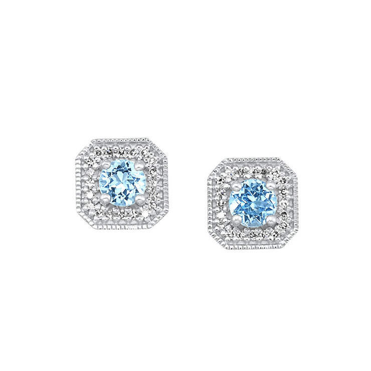 10K White Gold 0.60ct Round Blue Topaz Stud Earrings with Art Deco-Inspired Square Diamond Halos. Bichsel Jewelry in Sedalia, MO. Shop online or in-store today!