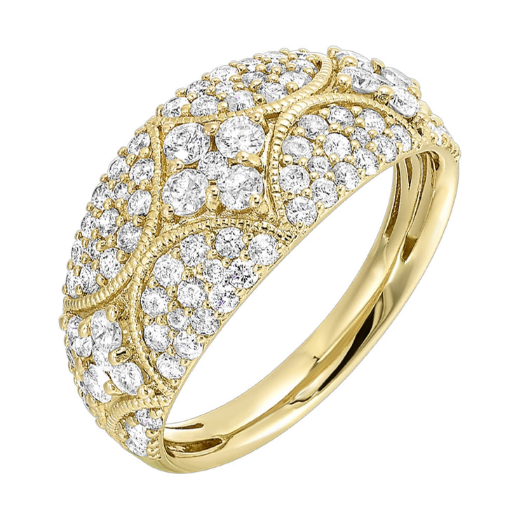 14K Yellow Gold 1.00ct Round Diamond Pavé Dome Ring with Gold Milgrain Details. Bichsel Jewelry in Sedalia, MO. Shop diamond ring styles online or in-store today!