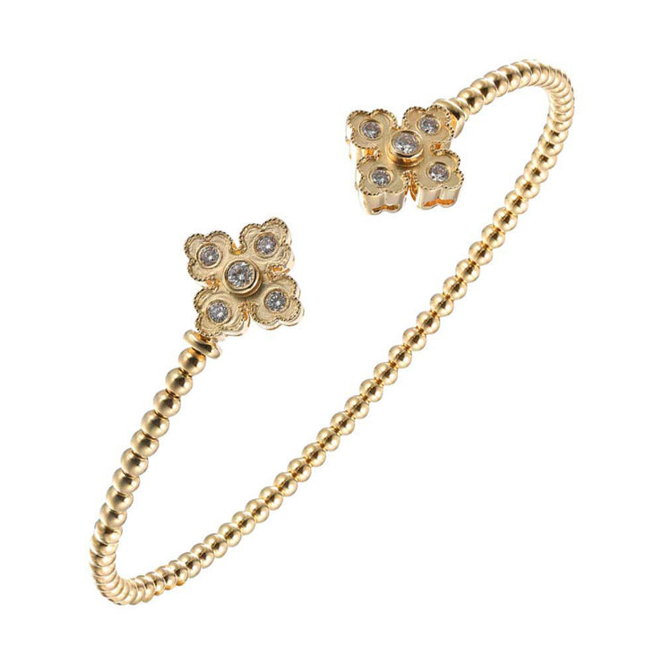 14K Yellow Gold Clover Shape Flexible Beaded Open Bangle Bracelet with 0.25ct Round Diamond Accents. Bichsel Jewelry in Sedalia, MO. Shop online or in-store today! 