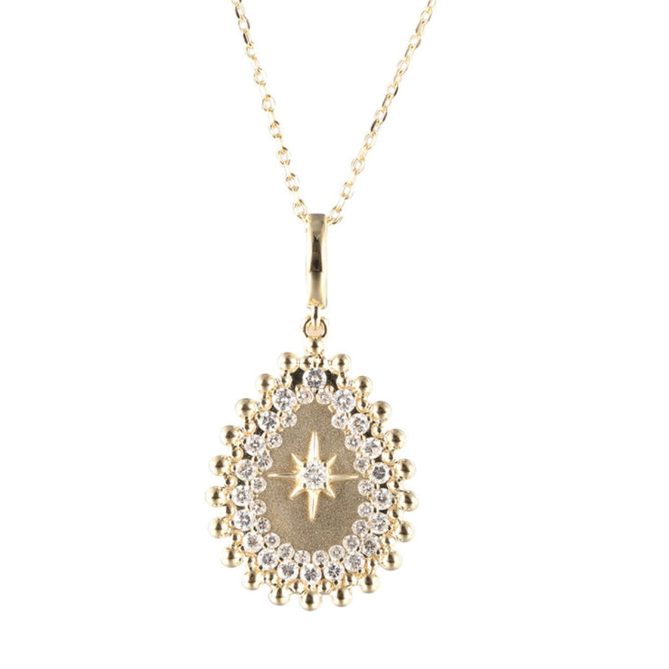 14K Yellow Gold 0.50ct Diamond Star Medallion Pendant with Double Diamond Halo & Beaded Gold, Polished & Satin Gold Finish. Bichsel Jewelry in Sedalia, MO. Shop styles online or in-store today!