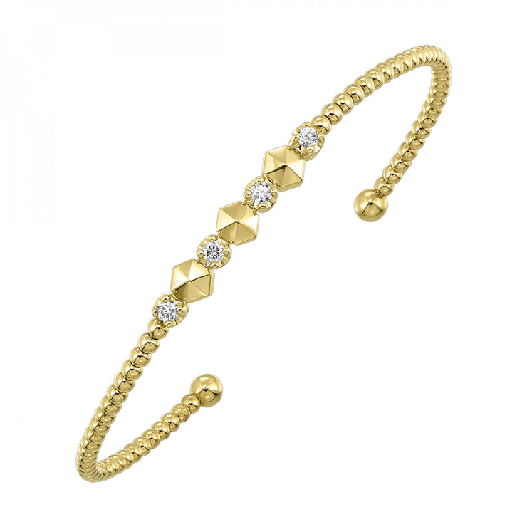 14K Yellow Gold Flexible Open Bangle Bracelet with 0.20ct Round Diamond Accents and Textured Gold Beads. Bichsel Jewelry in Sedalia, MO. Shop online or in-store today! 