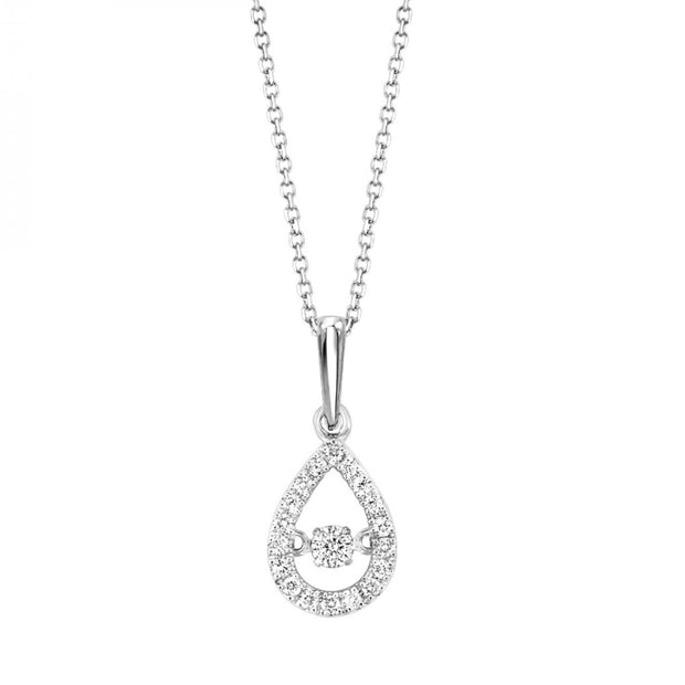 10K White Gold 0.20ct Diamond 'Rhythm of Love' Pear Shape Necklace with Round Moving Center Diamond. Bichsel Jewelry in Sedalia, MO. Shop styles online or in-store today!