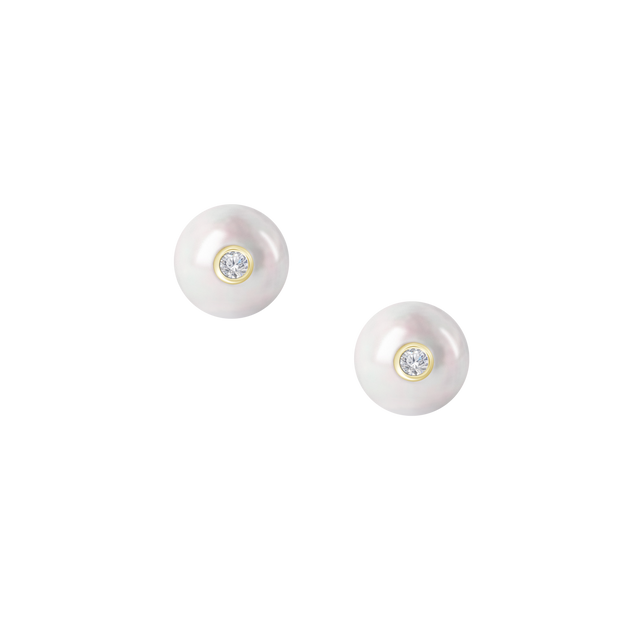 Pearl Stud Earrings with Gold Bezel-Set Accent Diamonds