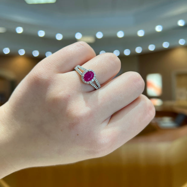 14K White Gold 0.90ct Ruby Ring with 0.65ct Round Diamond Halo & Side Diamonds. Bichsel Jewelry in Sedalia, MO. Shop rings online or in-store today! Free ring sizing.
