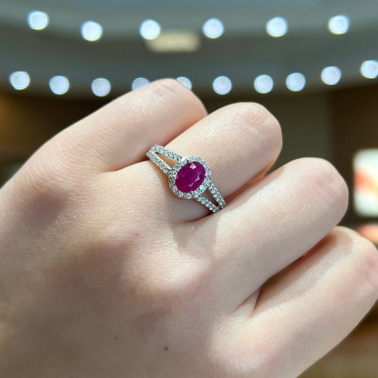 14K White Gold 0.90ct Ruby Ring with 0.65ct Round Diamond Halo & Side Diamonds. Bichsel Jewelry in Sedalia, MO. Shop rings online or in-store today! Free ring sizing.