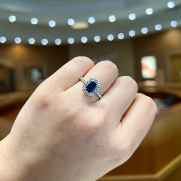 14K White Gold 1.08ct Sapphire Ring with Scalloped 0.48ct Diamond Halo & Side Diamonds. Bichsel Jewelry in Sedalia, MO. Shop rings online or in-store today! Free ring sizing.