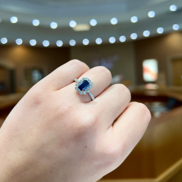 14K White Gold 1.08ct Sapphire Ring with Scalloped 0.48ct Diamond Halo & Side Diamonds. Bichsel Jewelry in Sedalia, MO. Shop rings online or in-store today! Free ring sizing.