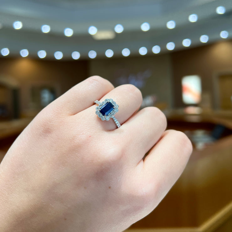 14K White Gold 1.08ct Sapphire Ring with Scalloped 0.48ct Diamond Halo & Side Diamonds. Bichsel Jewelry in Sedalia, MO. Shop rings online or in-store today! Free ring sizing.