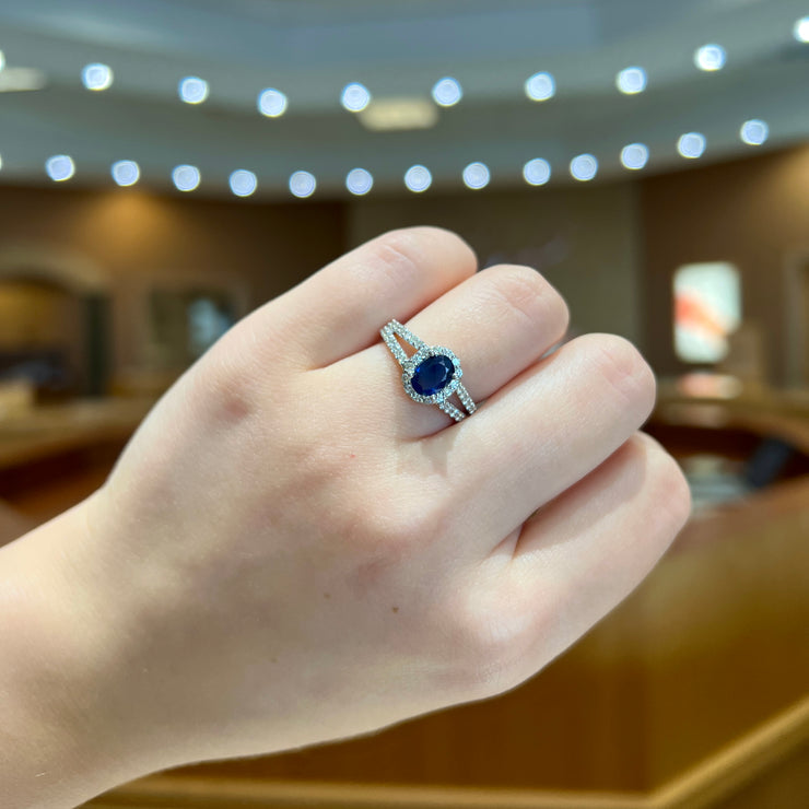 14K White Gold 1ct Sapphire Ring with 0.65ct Round Diamond Halo & Side Diamonds. Bichsel Jewelry in Sedalia, MO. Shop rings online or in-store today! Free ring sizing.