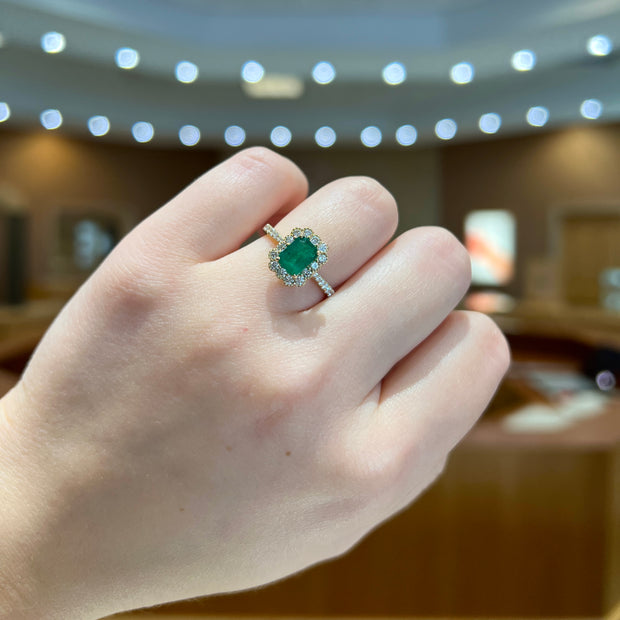 14K Yellow Gold 1ct Emerald Gemstone Ring with Scalloped 0.48ct Diamond Halo & Side Diamonds. Bichsel Jewelry in Sedalia, MO. Shop rings online or in-store today!