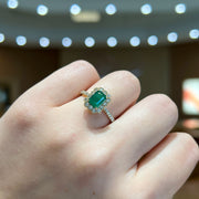 14K Yellow Gold 1ct Emerald Gemstone Ring with Scalloped 0.48ct Diamond Halo & Side Diamonds. Bichsel Jewelry in Sedalia, MO. Shop rings online or in-store today!