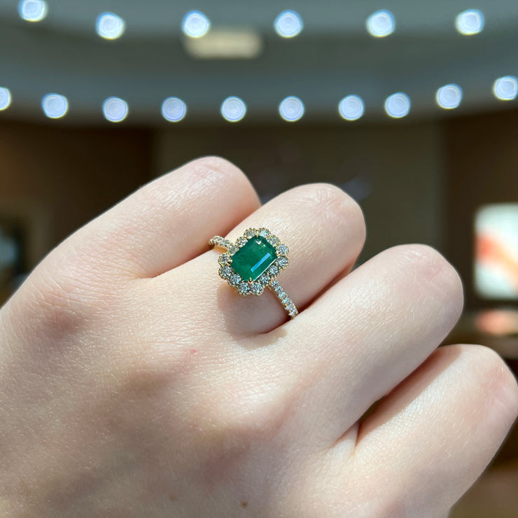 14K Yellow Gold 1ct Emerald Gemstone Ring with Scalloped 0.48ct Diamond Halo & Side Diamonds. Bichsel Jewelry in Sedalia, MO. Shop rings online or in-store today!