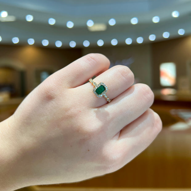 14K Yellow Gold 0.55ct Emerald Gemstone Ring with 0.26ct Diamond Halo & Accent Band. Bichsel Jewelry in Sedalia, MO. Shop rings online or in-store! Free ring sizing.