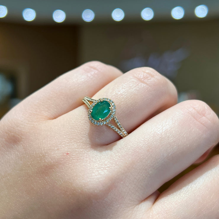 Oval Emerald Split Shank Ring with Diamond Halo Bichsel Jewelry