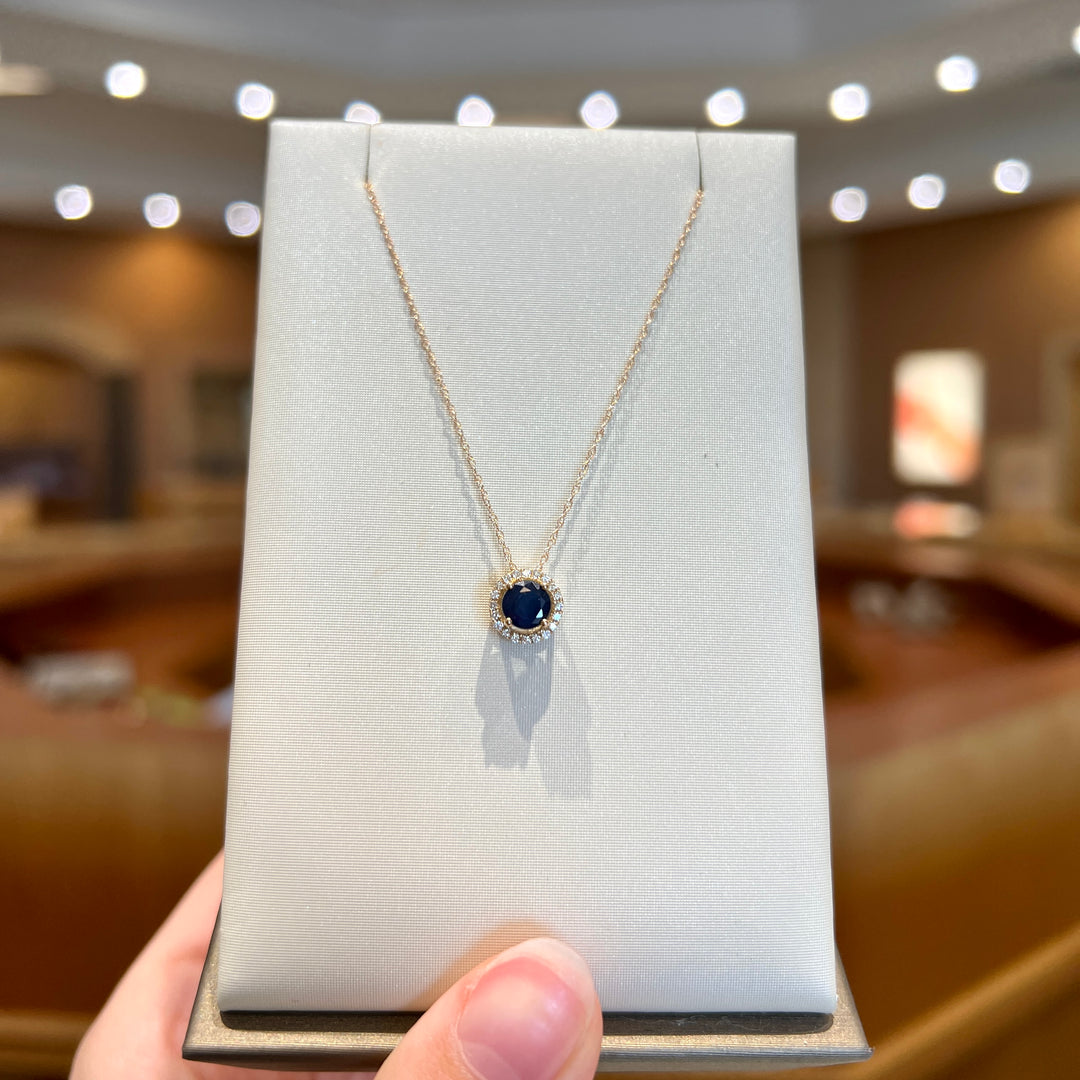 Round Blue Sapphire Pendant with Diamond Halo Bichsel Jewelry
