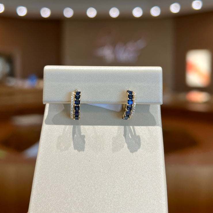 14K Yellow Gold Blue Sapphire & Diamond Huggie Hoop Earrings. Bichsel Jewelry in Sedalia, MO. Shop gemstone & diamond earrings online or in-store today!