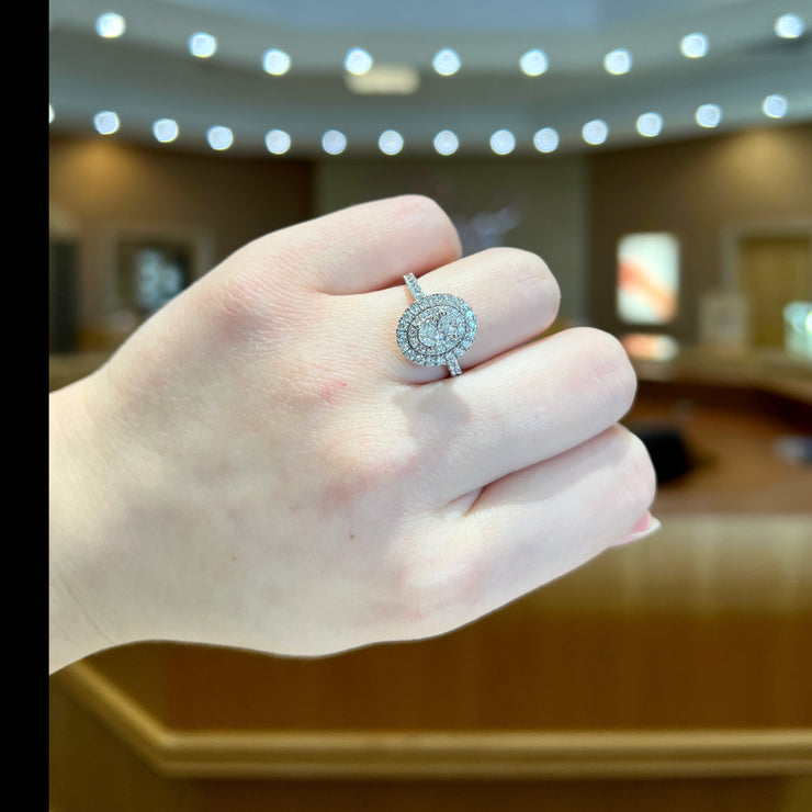 14K White Gold Oval Lab Grown Diamond Engagement Ring with Double Halo & Accent Diamonds