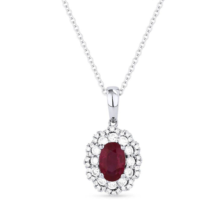 14K White Gold Oval Ruby Necklace with Scalloped Double Diamond Halo. Bichsel Jewelry in Sedalia, MO. Shop gemstone styles online or in-store today!