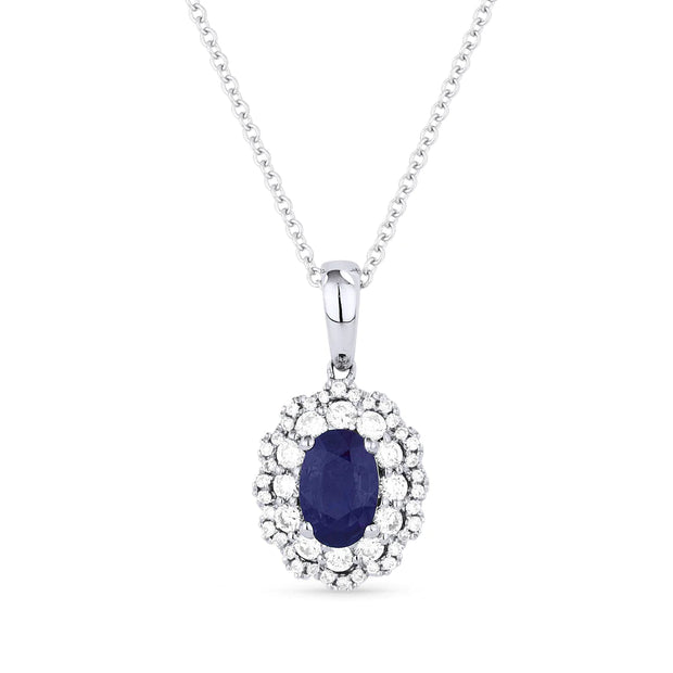 14K White Gold Oval Blue Sapphire Necklace with Scalloped Double Diamond Halo. Bichsel Jewelry in Sedalia, MO. Shop gemstone styles online or in-store today!