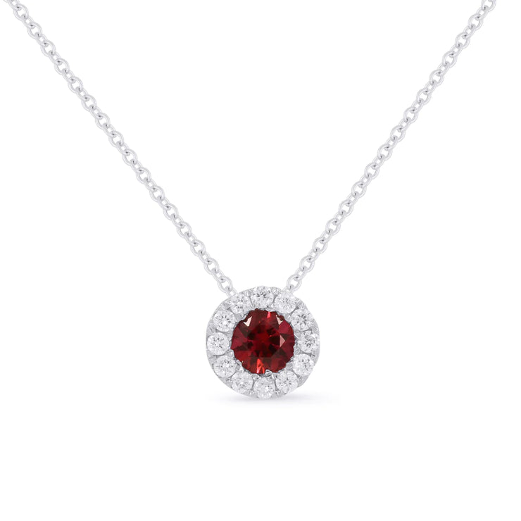 14K White Gold Round Ruby Necklace with Diamond Halo. Bichsel Jewelry in Sedalia, MO. Shop gemstone styles online or in-store today!
