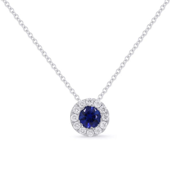14K White Gold Round Blue Sapphire Necklace with Diamond Halo. Bichsel Jewelry in Sedalia, MO. Shop gemstone styles online or in-store today!