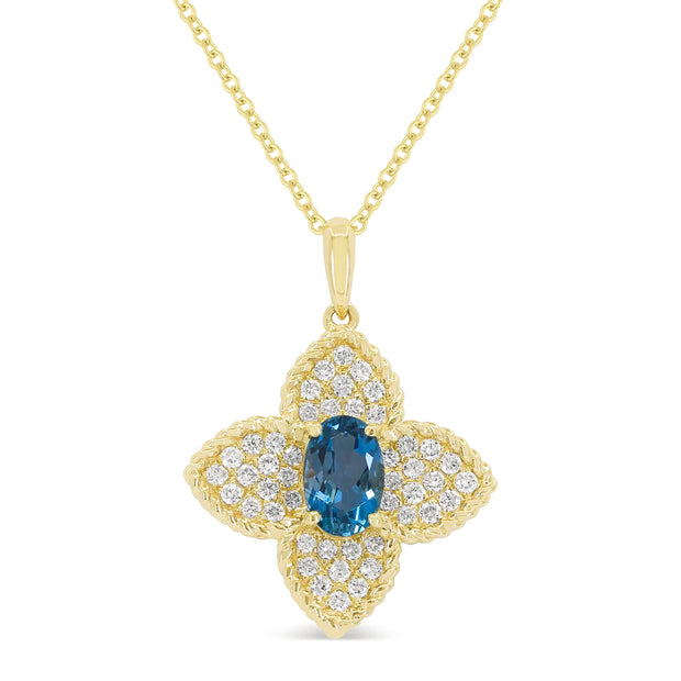 14K Yellow Oval London Blue Topaz & Diamond Clover Necklace. Bichsel Jewelry in Sedalia, MO. Shop gemstone styles online or in-store today!
