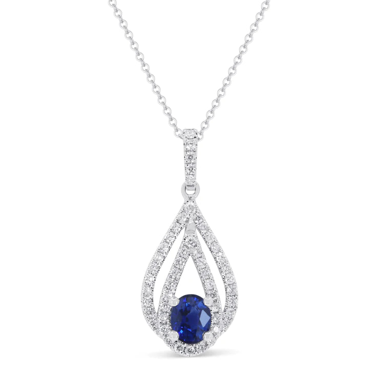 14K White Gold 0.49ct Oval Blue Sapphire & 0.27ct Round Diamond Drop Necklace. Bichsel Jewelry in Sedalia, MO. Shop styles online or in-store today!