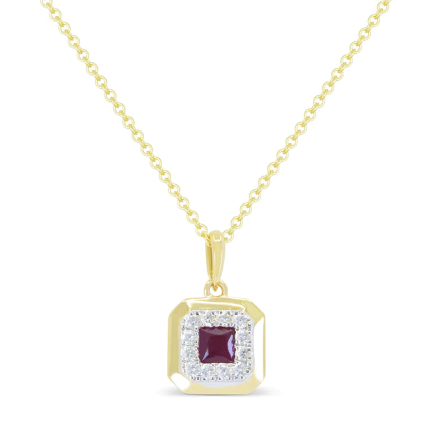 14K Yellow Gold Princess Cut Ruby & Diamond Halo Square Pendant. Bichsel Jewelry in Sedalia, MO. Shop gemstone styles online or in-store today!