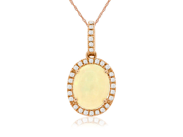 14K Rose Gold Oval 1.70ct Opal Pendant with Diamond Halo & Bail. Bichsel Jewelry in Sedalia, MO. Shop opal gem styles online or in-store today! 