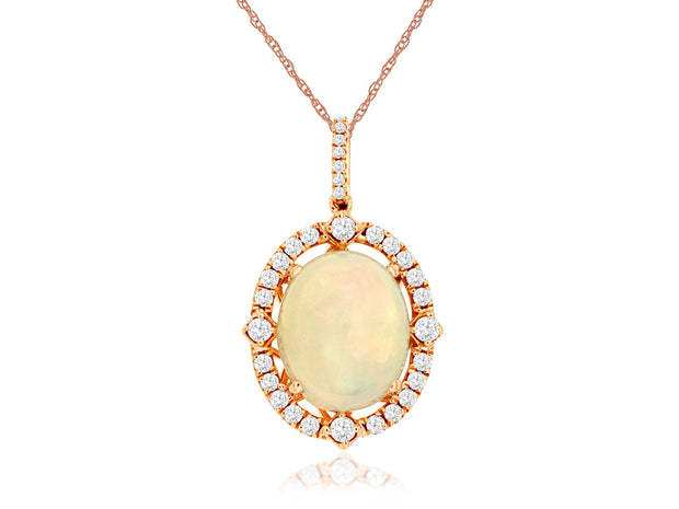 14K Rose Gold 3.00ct Opal Pendant with Diamond Halo & Bail. Bichsel Jewelry in Sedalia, MO. Shop opal gem styles online or in-store today! 