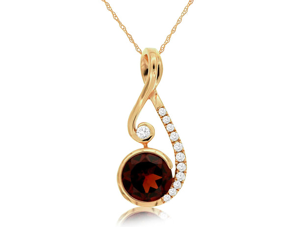 14K Yellow Gold 1.00ct Round Garnet & Diamond Swirl Necklace. Bichsel Jewelry in Sedalia, MO. Shop gemstone styles online or in-store today!
