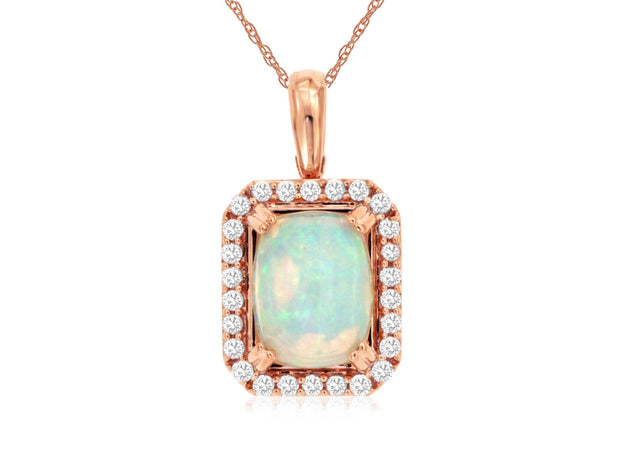 14K Rose Gold 1.10ct Cushion Shape Opal Necklace with 0.20ct Diamond Halo. Bichsel Jewelry in Sedalia, MO. Shop styles online or in-store today! 